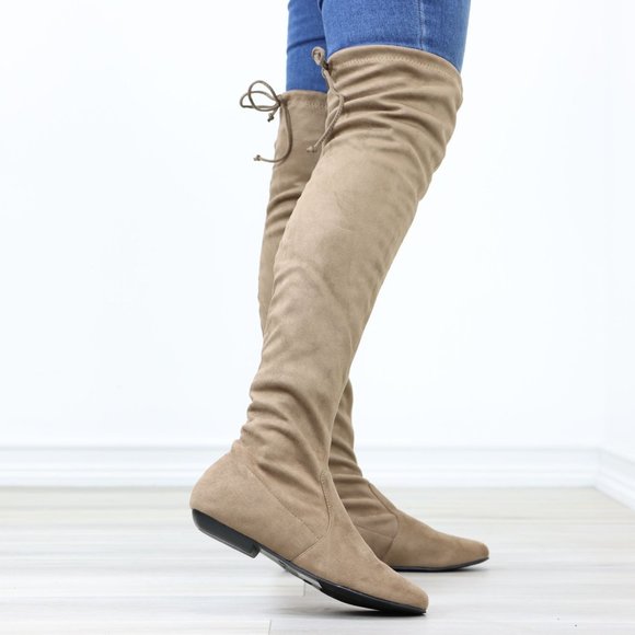 Taupe Thigh High Over The Knee Flat Boots Faux Suede - Picture 5 of 15